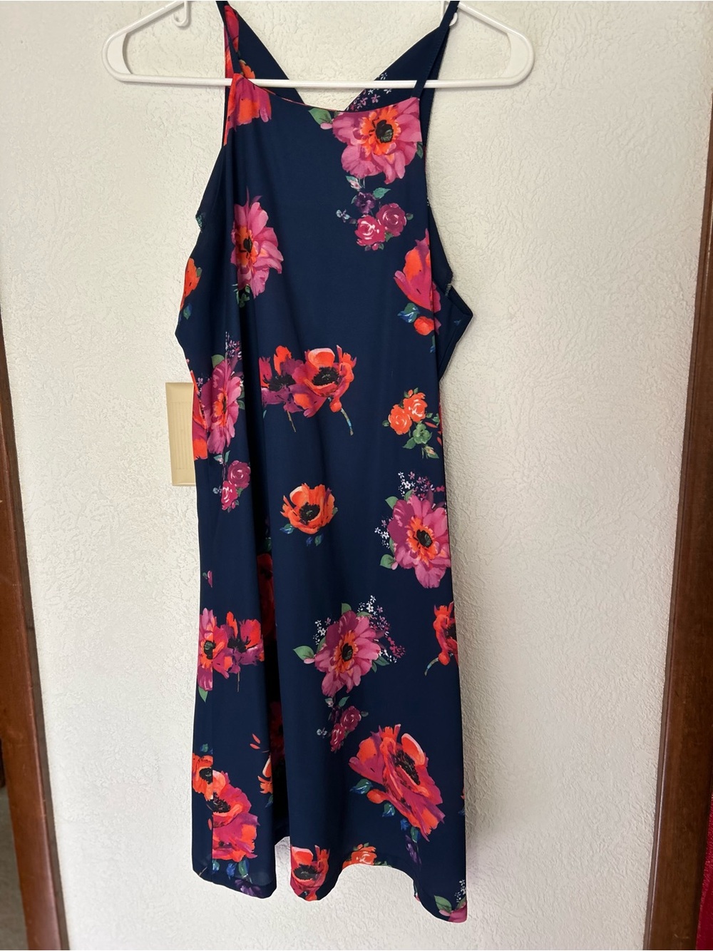 Navy Floral Midi Dress with Pink & Orange Blooms